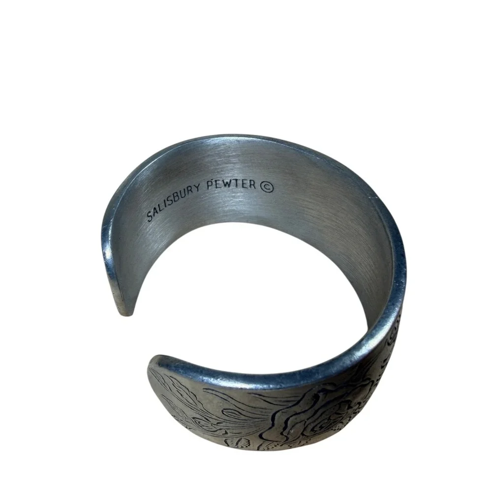 Vintage Salisbury Fine Metal Artisans Pewter Rose Floral June Cuff Bracelet 7.5